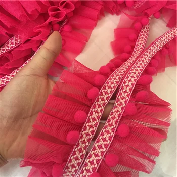 

Pink and rose red Ball Mini Trim pom pom Lace Trim Mesh ruffle lace Handmade Pompom Ball Lace Ribbon Diy Sewing Accessories