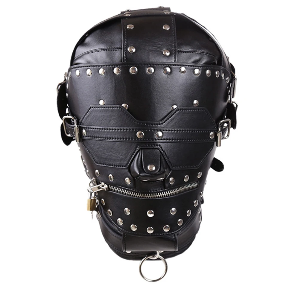 

camaTech PU Leather Fetish Gimp Mask Slave Full Head Bondage Hood With Open Mouth Zipper and Locking Blindfold BDSM Adult Games