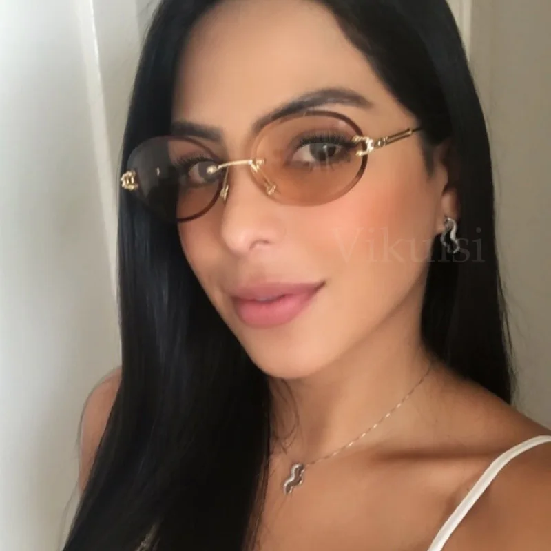 

Luxury Vintage Rimless Tinted Oval Sunglasses Women's Round Glasses Gradient Crystal Sunglasses Men Oculos De Sol Feminino UV400