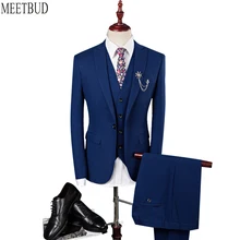MEETBUD New brand men suit for wedding slim fit party host man blue suits business casual dress (jacket+pants+vest) 3 pieces