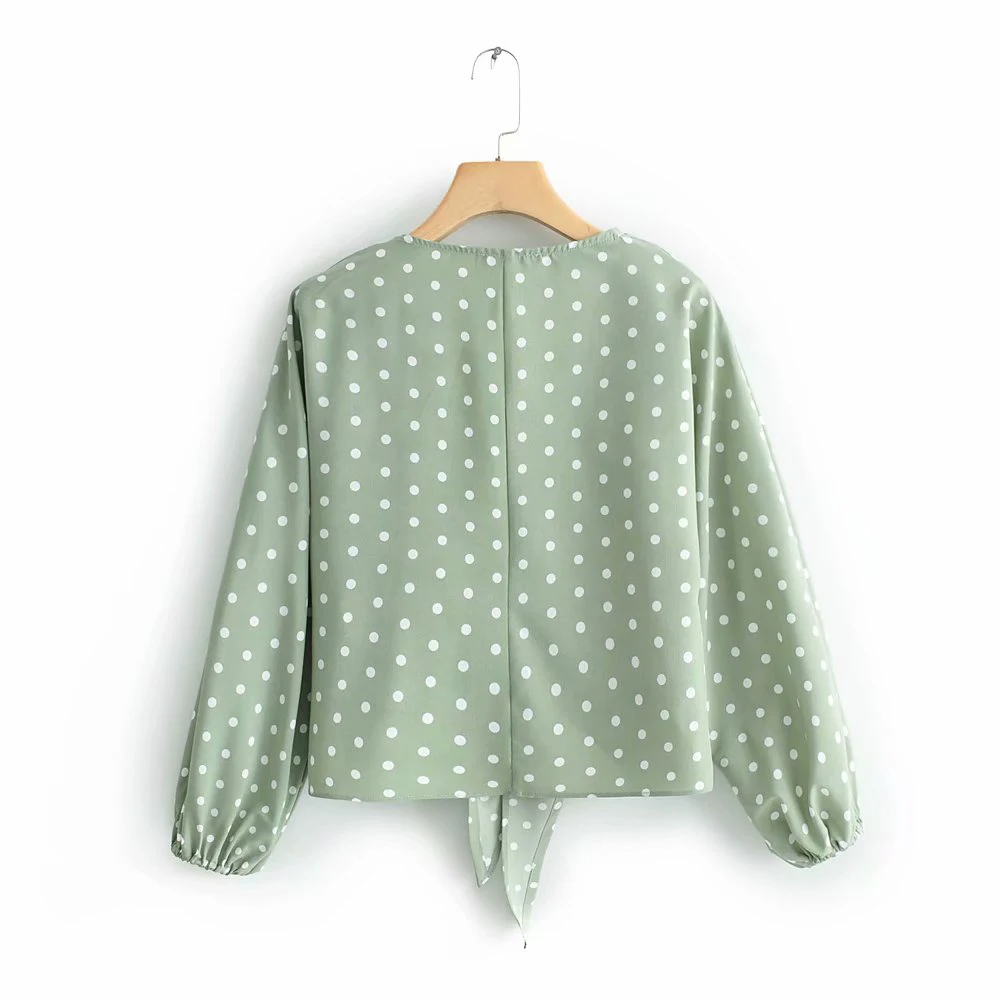 2019 Women Green Summer Za Polka Dota Blouse Female Fashion Lace Up Bow Long Sleeve Shirt For Sweer