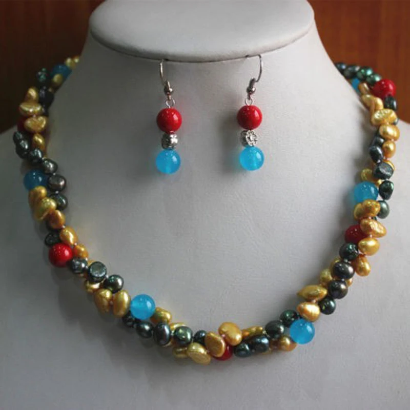 

New Women's Charming 2Rows Mixed Colors Pearl/Green Earring Necklace Pendant Jewelry Set 568T7