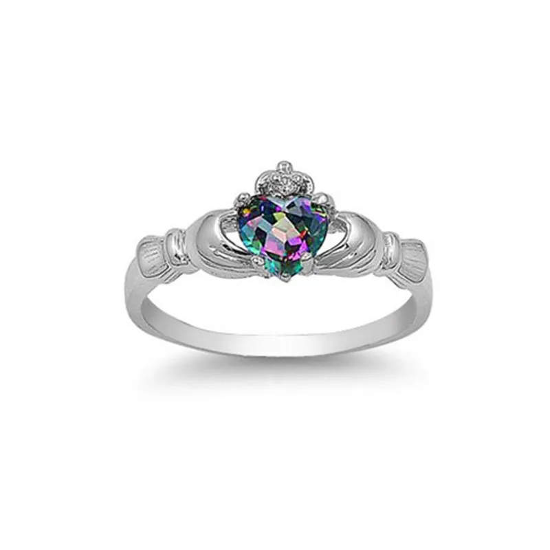 Huitan модное кольцо в форме сердца Claddagh с радугой CZ зубчатая установка посеребренное модное ювелирное изделие лучший подарок для влюбленных кольца для женщин - Цвет основного камня: Rainbow