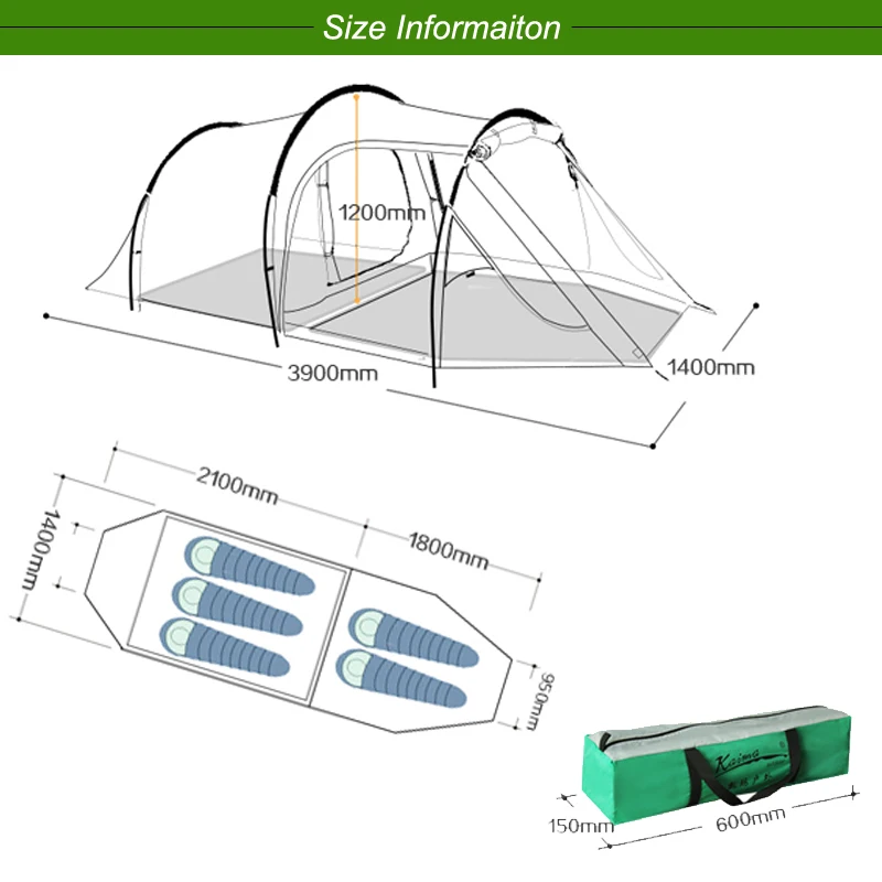 Тоннель Открытый Кемпинг Палатка семейные вечерние путешествия палатка 3-4 человек горный тент одна спальня и одна гостиная водонепроницаемый