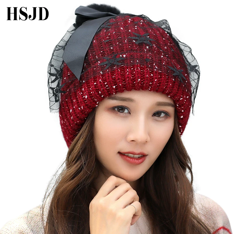 Ретро шапка принцессы женские зимние вязаные сетчатые шляпы бини лицевая вуаль Чистая Пряжа шапка трикотажный свитер шляпа для девочек gorros Женская