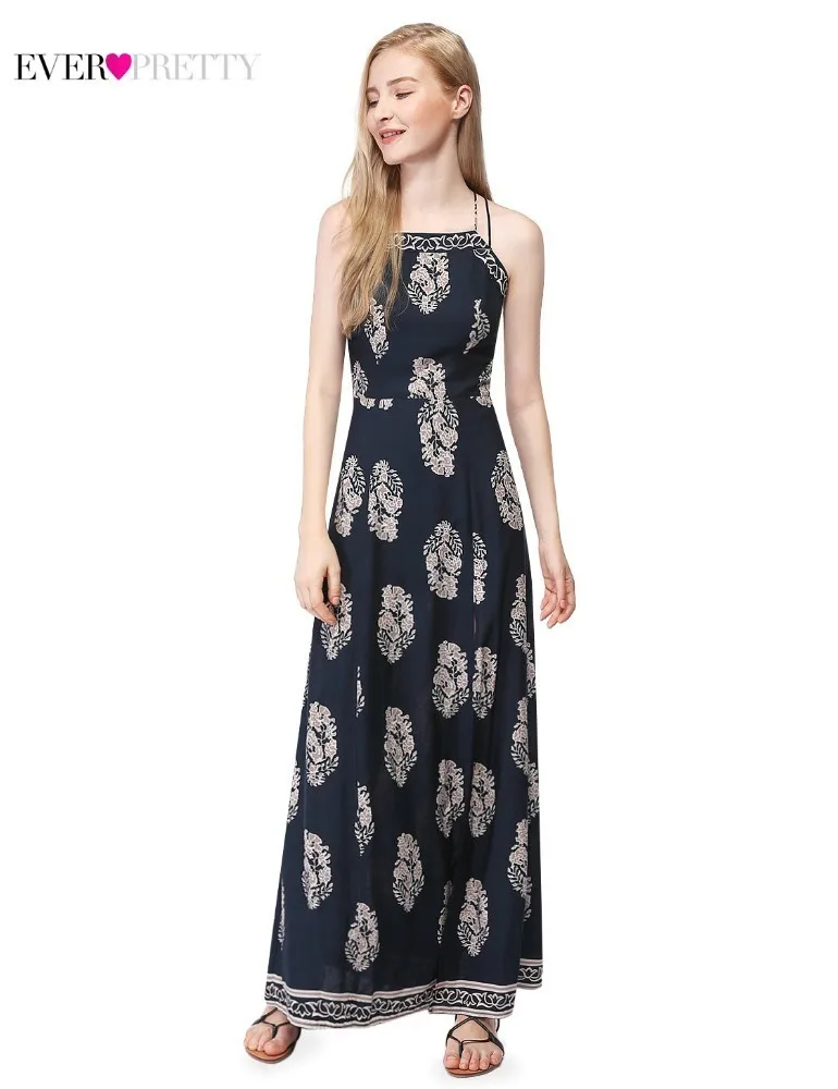 Новые черные длинные платья для выпускного вечера Ever Pretty AS07032BK А-силуэт цветочный принт спагетти ремень женские Макси летние пляжные платья - Цвет: Navy Blue