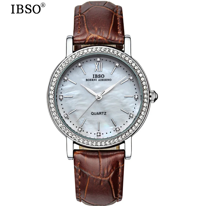 

IBSO Date Elegant Shell Dial Watch For Women Fashion Travel Genuine Leather Strap Watch Woman High Quality Relojes De Mujer 2019