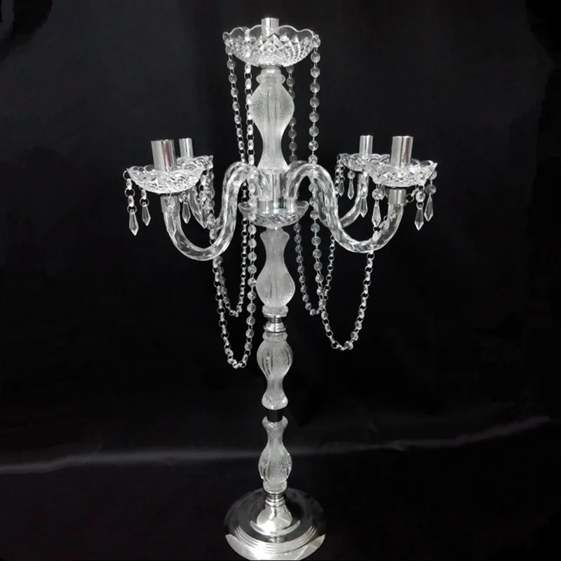 

90 cm height Acrylic 5-arms metal candelabras with crystal pendants wedding candle holder centerpiece party decor