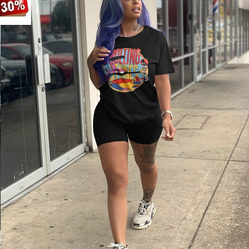 

Two Piece Short Set Women 2 Pcs Set Casual Loose Summer Cartoon Print Short Sleeve O-neck Tee Top Shorts Suit Fashion Tracksuit