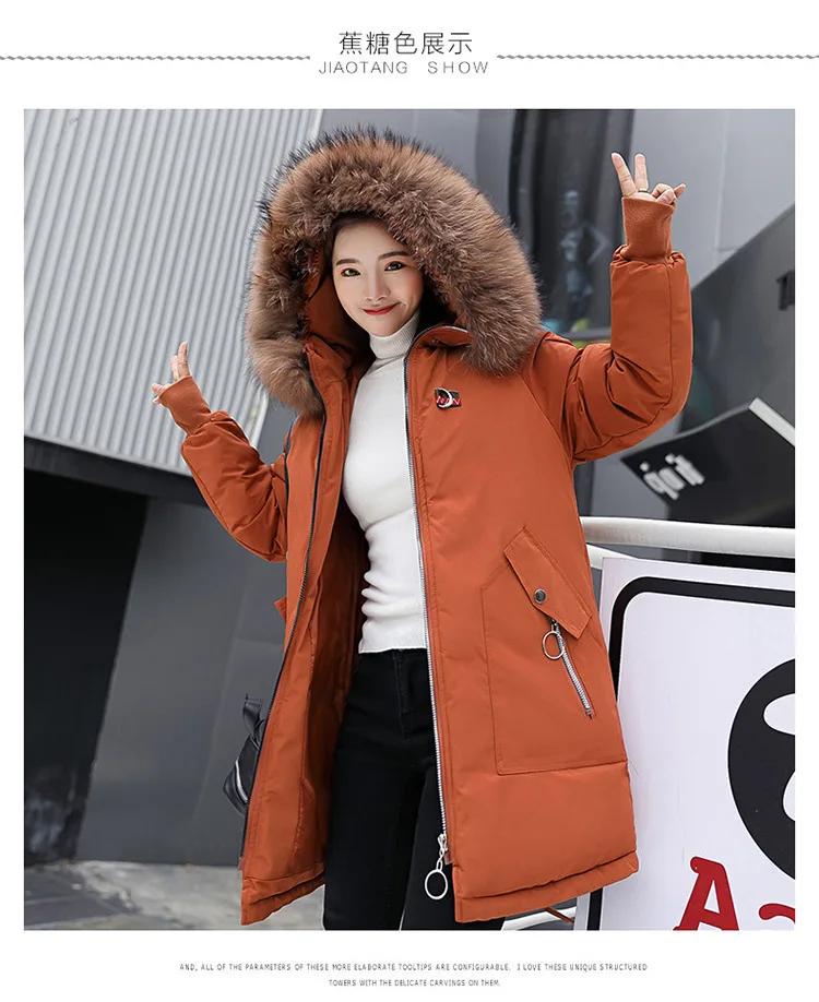 Большие размеры, Вышитое зимнее длинное пальто, Теплая стеганая куртка, Женская Толстая парка, верхняя одежда для снежной погоды, пальто с капюшоном из меха енота - Цвет: Caramel color