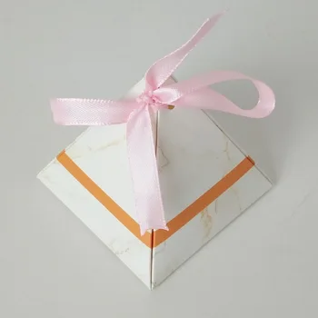 

100pcs New promotional Triangular Pyramid gray gold Marble Candy Boxes with pink ribbons Party Wedding Favors giveaway Gift Box