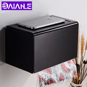 Toilet Paper Holder Box with Shelf Creative Aluminum Black Paper Towel Holder Decorative Bathroom Roll Paper Holder Wall Mounted creative wall mounted bathroom roll paper towel racks home wall decoration solid wood paper towel racks bathroom accessories