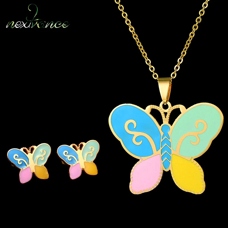 

Nextvance Gold Butterfly Enamel Pendant Necklace Earring Set Cute Animal Kids Jewelry Set For Children Gift Female Jewelry