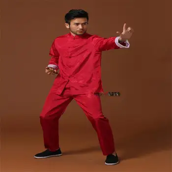 

High Quality Burgundy Chinese Men Kung fu Uniform Silk Satin Tai Chi Suit Vintage Button Clothing M L XL XXL XXXL