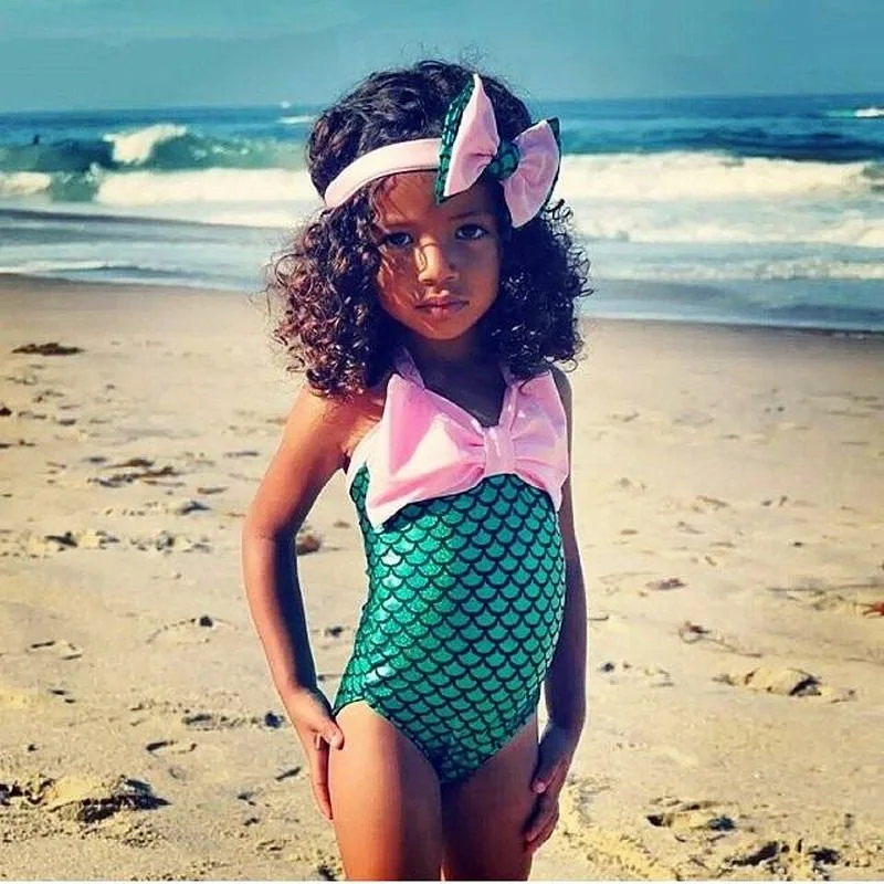 

2017 New Arrival Summer Gold Green Girls Kids Mermaid Swimmable Bikini Set Swimwear Bow Headband Costume Swimsuit 2-7Y