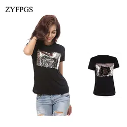 Zyfpgs 2018 лето шесть Цвет черный белая футболка Для женщин печатных блестками футболка Для женщин топы; футболка Femme женские футболки L0513