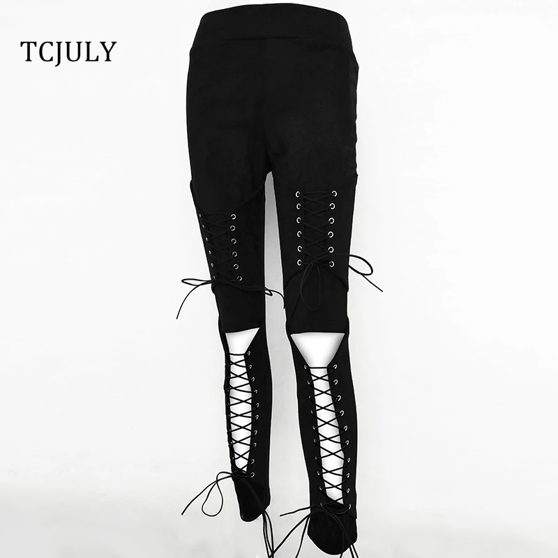 TCJULY новые зимние сексуальные замшевые женские брюки с завязками крест-накрест Выдалбливают дамские брюки однотонные узкие брюки-карандаш