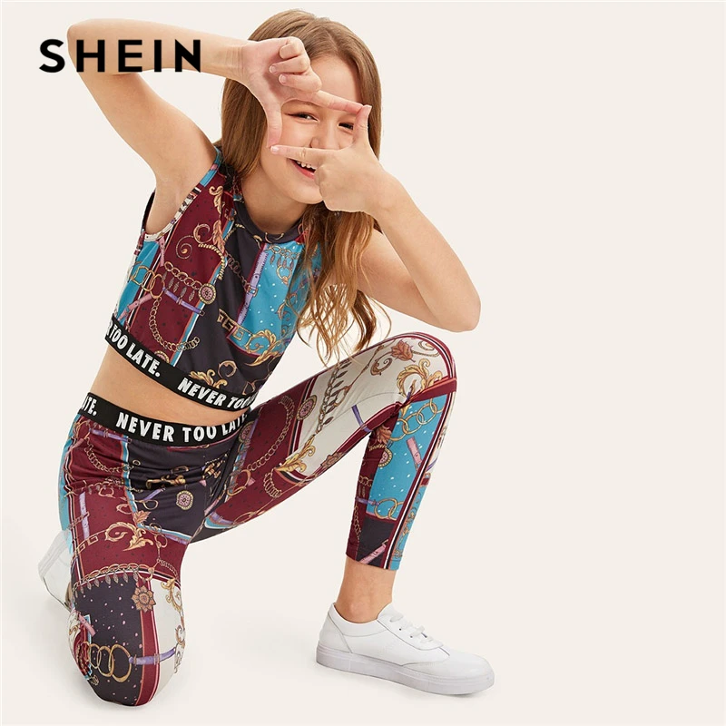 

SHEIN Kiddie Mixed Scarf Print Crop Tank Top And Leggings Girls Clothes Set 2019 Summer Active Wear Sleeveless Girl Outfit