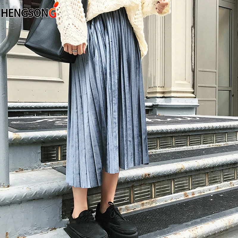 Весна и Осень Новая мода Женская высокая талия плиссированные сплошной цвет Половина Длина эластичная юбка Леди Повседневная
