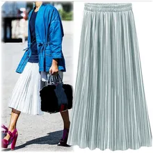 Новинка лета, модная женская плиссированная юбка, винтажные юбки длинные, с высокой талией, цвета металлик, Женская юбка