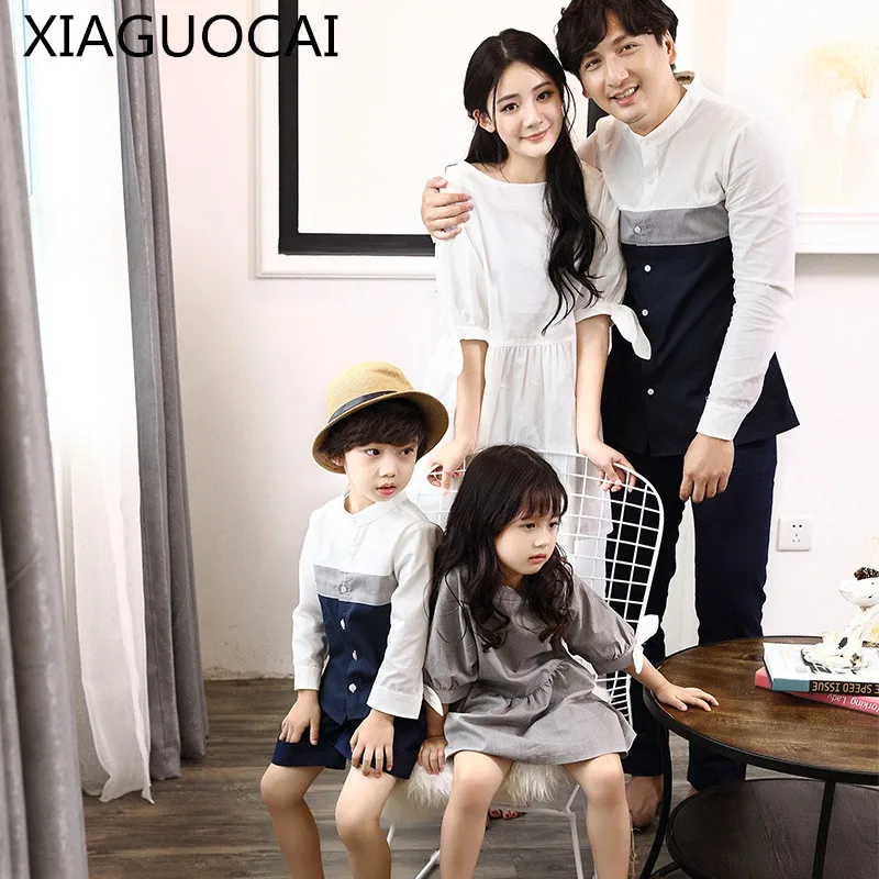 

2019 Family Matching Outfits Mother White Dress Daughter Grey Dresses Father son T shirts Blouse Family Vacation Clothes D1 10