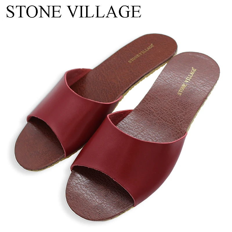 

STONE VILLAGE Genuine Leather Slippers Summer Men And Women Slippers Indoor Flooring Non-Slip Home Slippers 9 Colors