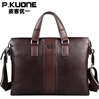 

P.kuone fashion briefcase men messenger bags genuine leather men handbags Laptop men bag M0011