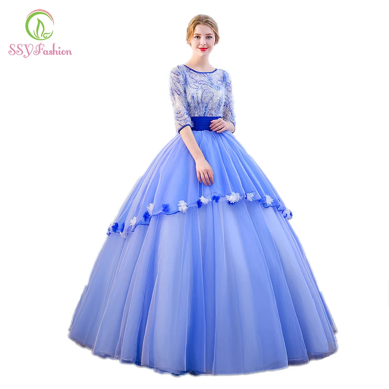 Top SSYFashion New Banquet Elegant Evening Dress Half Sleeved A-line Floor-length Blue Feather Prom Party Gown Custom Formal Dresses 1