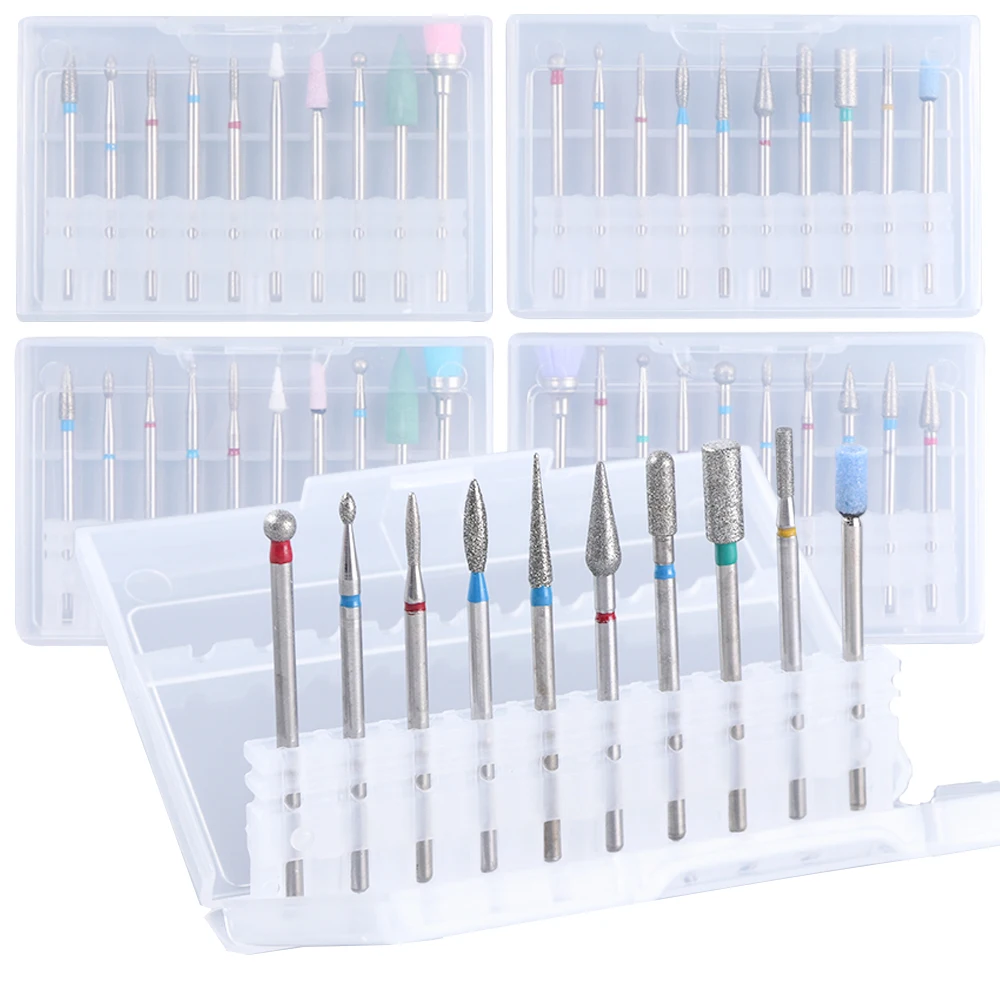 

10pc Diamond Nail Drill Bit Set Milling Cuticle Cutter Rotary Burr Clean Brush Accessory For Electric Manicure Machine SAHZ01-04