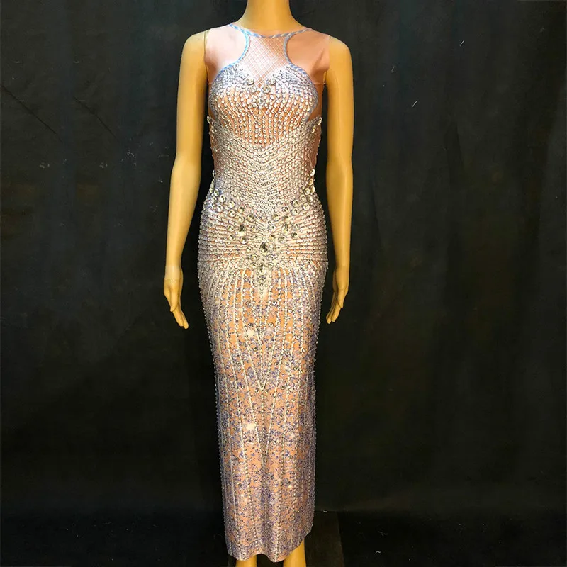 

Sparkly Rhinestones Birthday Party Sexy Long Dress Nightclub Female Singer Stage Dance Costume Women's Dinner Celebrate Dresses