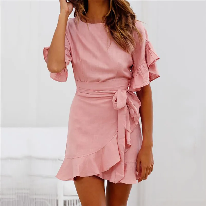 HOT sell Fashion summer dress 2018 beach dress Women Short Sleeve Holiday Solid Dress Ladies Ruffle Mini Dress vestido Y20#N (1)
