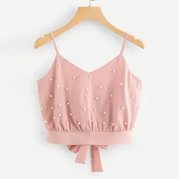 

Camisoles For Women Solid Color V Neck Pearl Beading Bow Knot Backless Adjustable Spaghetti Strap Tank Top Summer Tops