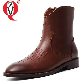 

ZVQ woman shoes 2019 winter new fashion retro round toe high quality genuine leather ankle boots outside low heels ladies shoes