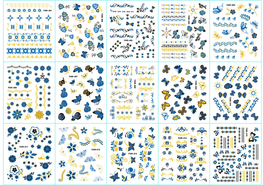 30 листов/лот 3-d Слайдеры для ногтей DIY Дизайн ногтей голубое золото бабочка цветок самоклеющиеся наклейки для ногтей Наклейка FAM01-30