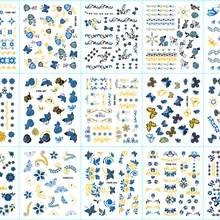 30 листов/лот 3-d Слайдеры для ногтей DIY Дизайн ногтей голубое золото бабочка цветок самоклеющиеся наклейки для ногтей Наклейка FAM01-30