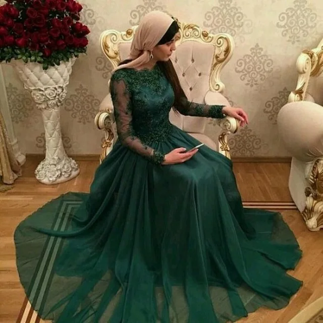 Темно-зеленый Дубай Абая, для мусульман Выпускные платья с длинными рукавами платье с аппликацией для Свадебная вечеринка индивидуальный заказ