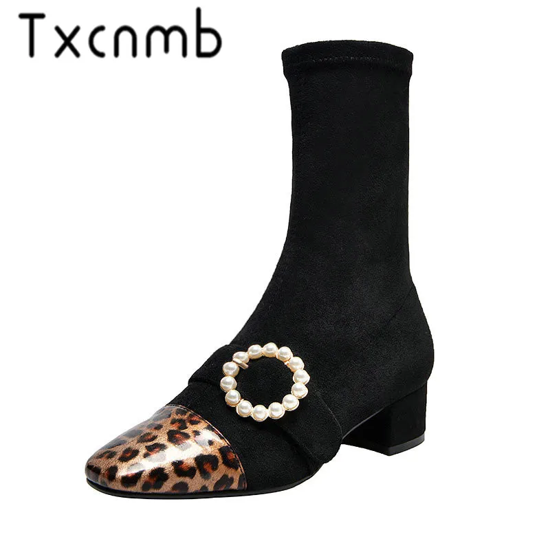 

TXCNMB 2019 Boots Women mid-calf Boots for Women Winter Genuine Suede Leather High Heel Shoes Woman Black Brown