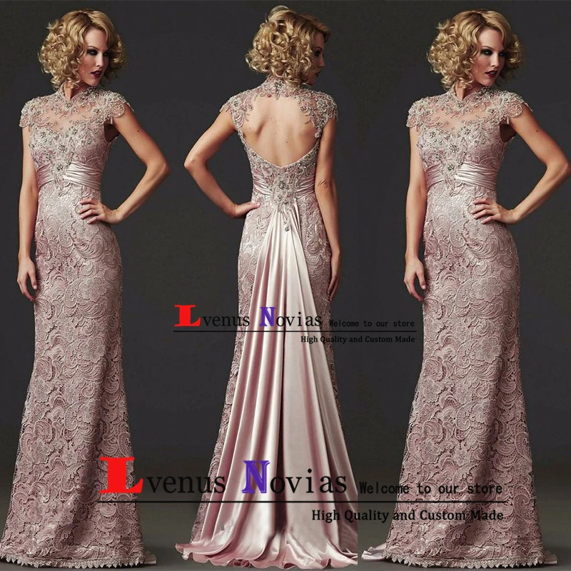 

Robe De Soiree Longue Fashion Mother of the Bride Dresses Elegant High Neck Open Back Pink Lace Mermaid Evening Dress Long 2019