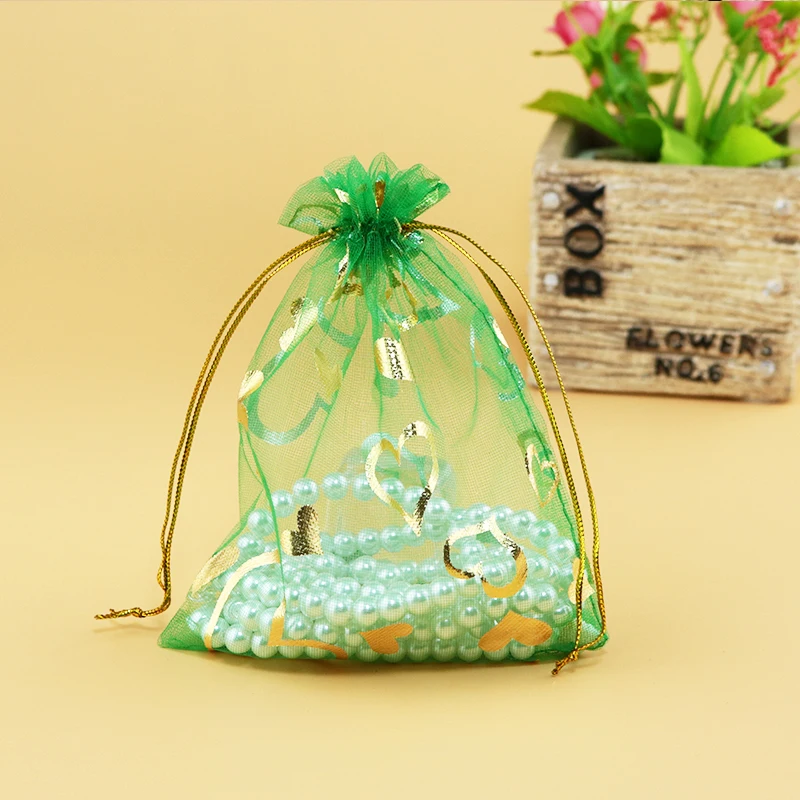 Beautiful Green Color Heart Organza Bag 100pcs/Lot 7x9cm Drawstring Packaging Bags Pouch For Tea Gifts And Wedding Decoration | Дом и сад
