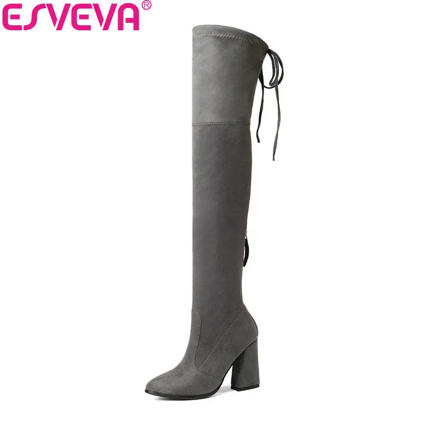 Achat ESVEVA 2019 Femmes Bottes Fermeture Éclair Sur Le Genou Bottes Stretch Tissus Bout Pointu Slim Look Hoof Talons Femmes Chaussures taille 34 43
