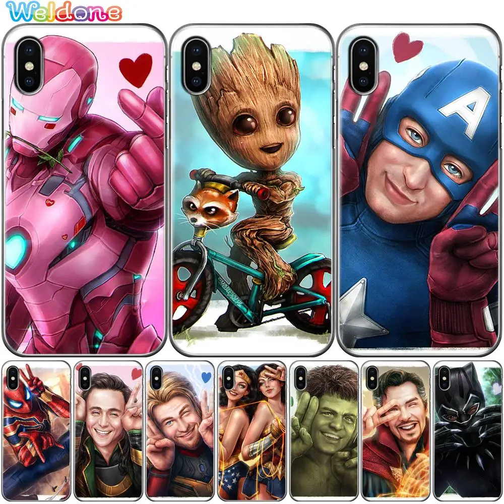 

Cute Hero Marvel Groot Spiderman Iron Man Thor Hulk Phone Case Cover For iPhone XS Max XR X 7 6s 8 Plus 5S case cover etui Coque