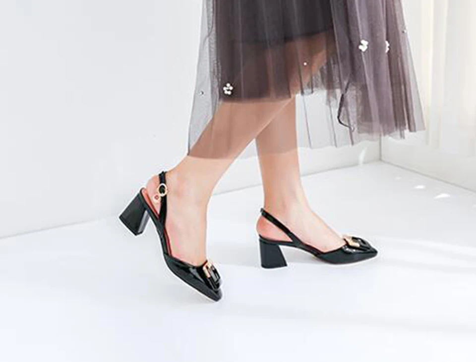 Известный Slingback высокие каблуки Квадратный носок Размер 33 женская обувь размер 45 11 43 средний сандалии насосы обнаженный Каблук Плюс ремень лакированная кожа марка мода китайская новая Китай Лето