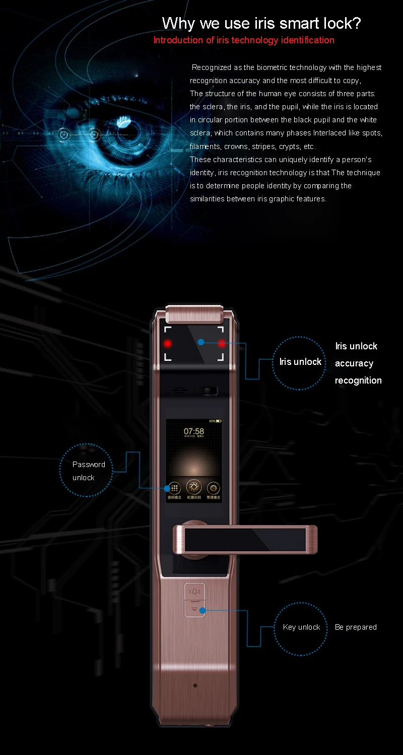 Новейшая Высококачественная система распознавания ириса, умный замок, пароль, ключ, разблокировка ирис, точность, разблокировка дверного звонка, дверная камера, индукция ПИР