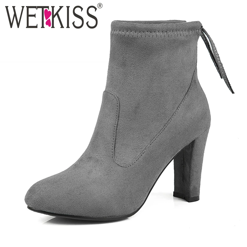 

WETKISS 2018 Plus Size Flock Ankle Boots Women Thick Heels High Lace up Spring Autumn Shoes Solid Concise Ladies Female Boots