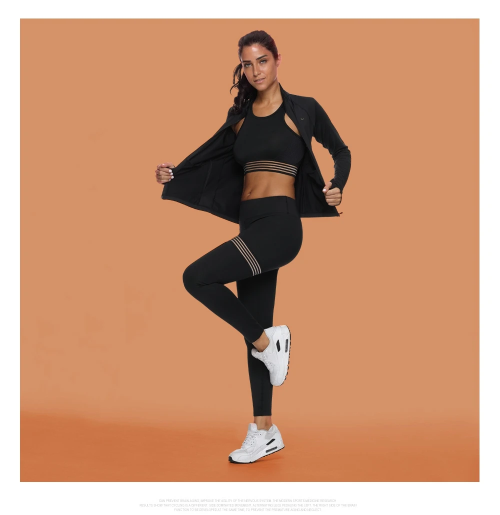 Vutru 3 шт. спортивные костюмы с длинным рукавом для женщин, комплект для йоги, сетчатая Спортивная одежда для фитнеса, тренажерного зала, укороченный топ, бюстгальтер+ Бесшовные Леггинсы+ пальто - Цвет: 3PCS Sport Suit