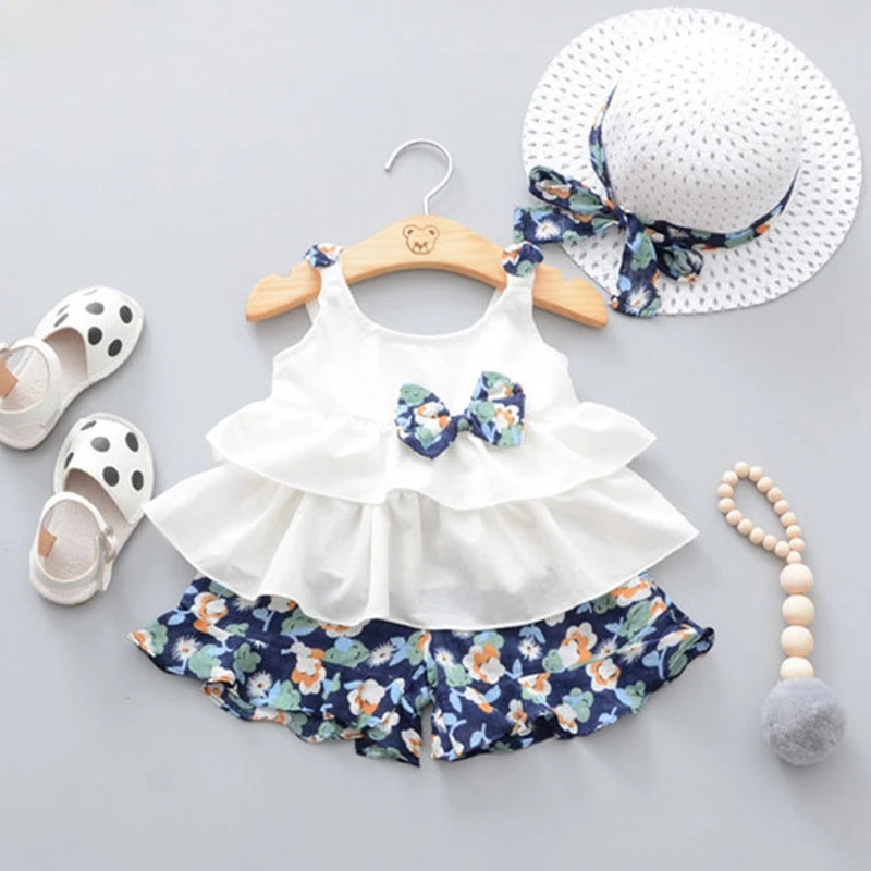 

2018 Hot Products Baby Clothing Fashion Children's Clothing Girls Clothing Print Tops + Shorts + Hats 3 Pieces Girls Set