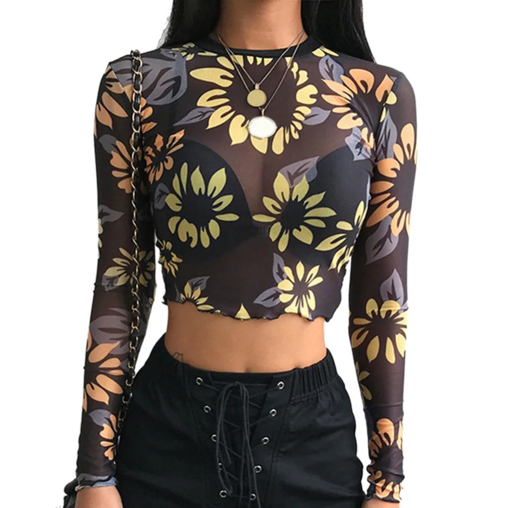 

Hot Women Female Transparent Mesh Top Sexy See Through Sun Flower Print Crop Tee T Shirt Camiseta Wholesale