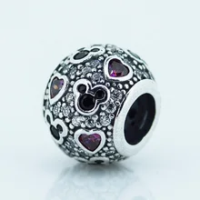 Бусины из стерлингового серебра 925 сверкающий Микки и сердца циркониевые амулеты бусины для изготовления ювелирных изделий Подходит для оригинальных шармов браслеты