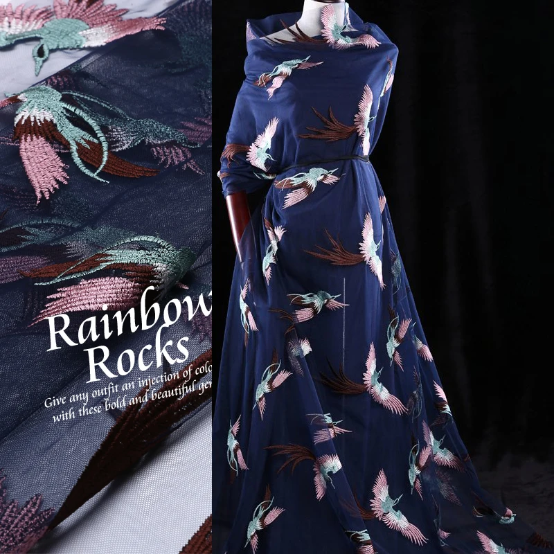 Темно-синяя сетка 3d птицы вышивка ткань кружево