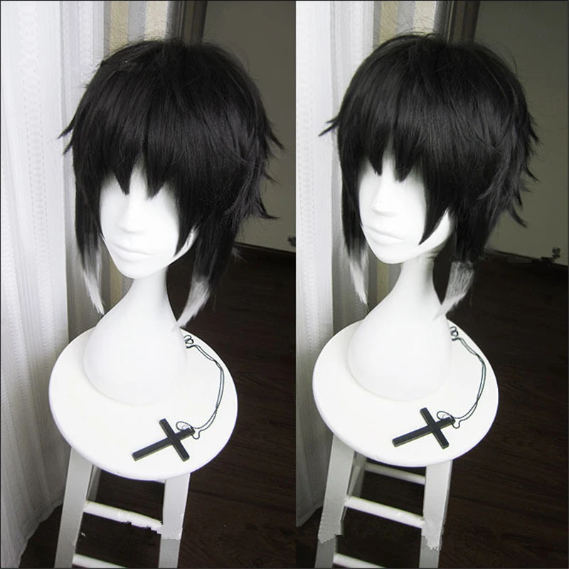 New Anime Bungo Stray Dogs Ryunosuke Akutagawa Cosplay Wigs Ryuunosuke Black Gray Curly Fluffy Heat Resistant Synthesis Hair Wig